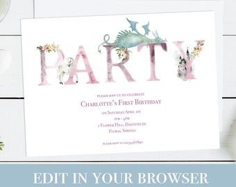 Fairytale Party Invitation | Dragon Birthday | Unicorn Invitation | Dragon Party | Fairy Party | Digital Invitation