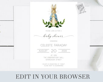 Może przedstawiać: Białe zaproszenie na baby shower z akwarelową ilustracją Królika Piotrusia. Zaproszenie brzmi: "Proszę dołączyć do nas na baby shower z okazji Celeste Faraday, 20 sierpnia 2019 o 13:00, w The Observatory Hall, Stargazer Street."
