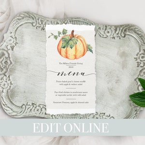 May include: A printable menu template featuring a watercolour illustration of a pumpkin. The text reads "The Miles Friends Giving 2019" and "menu". The menu includes "Twice-baked goat's cheese souffle with apple & walnut salad", "Pan-fried chicken in mushroom sauce or vegetable tartlet with wild salad", and "Somerset Pomona, apple & almond cake".