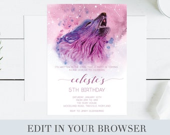 Wolf boho Invitation | Wolf stars Invitation | Bohemian Birthday sleepover | Pink Wolf Invitation