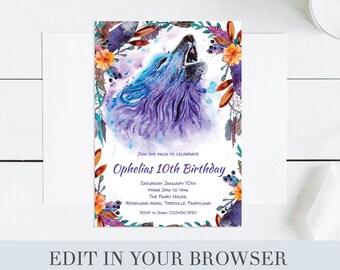 Wolf Invitation | boho Invitation | Dreamcatcher Birthday Sleepover Invitation | teenager Invitation Personalised DIY Printable