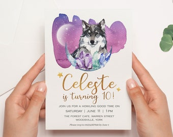 Wolf Boho Invitation | Girls Wolf Invitation | Wolf Crystal Invitation | Bohemian Birthday sleepover | Purple Wolf Invitation