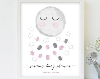 Baby Shower Fingerprint Moon Stars Guest Book Pink Modern Personalised DIY Printable PDF