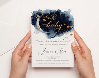Celestial Baby Shower Invitation | Moon Baby Shower  | Twinkle Little Star Baby | Navy Baby Shower