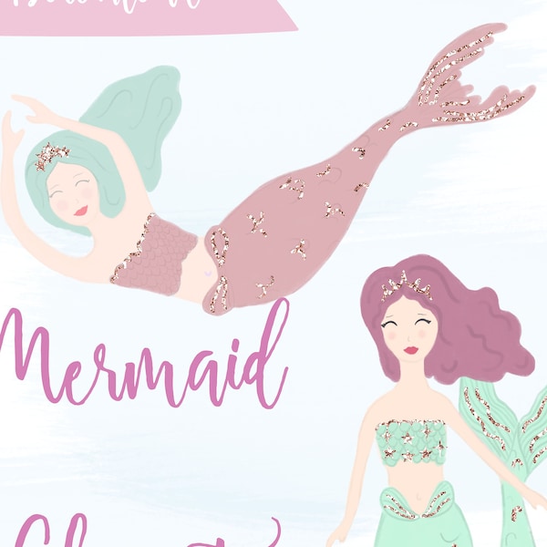 Mermaid Princess Clipart Watercolour PNG Fairytale Commercial Use