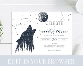 Wolf Mond Geburtstag Einladung | Wolf Party Theme | Mond Sterne Geburtstag | Wolf Rudel Einladung