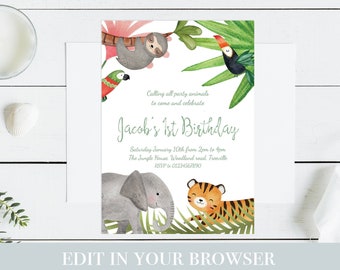 May include: A jungle-themed birthday invitation with a sloth, toucan, parrot, elephant, and tiger. The invitation reads "Calling all party animals to come and celebrate Jacob's 1st Birthday. Saturday January 10th from 2pm to 4pm. The Jungle House Woodland Road Treeville 48390 2234567890."