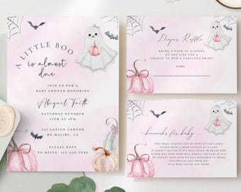 May include: A set of baby shower invitations and inserts with a Halloween theme. The invitations are light pink with a ghost holding a pumpkin, bats, and spiderwebs. The text reads "Little Boo is almost due."