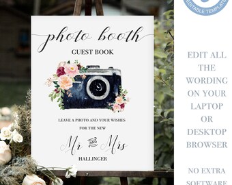 Editable Wedding Photo Booth Sign | Floral Photo Guest Book | Pink Floral Wedding Photo booth sign, Outdoor Wedding Guest Book Sign