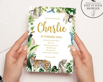 May include: A jungle-themed birthday invitation for a child named Charlie turning five. The invitation features a green, leafy background with illustrations of animals like a sloth, toucan, tiger, and leopard. The text "Charlie is turning five" is written in gold lettering.