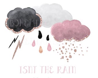 Nuvole glitter dorate Fulmine di tuono e gocce di pioggia rosa e nero Download PNG per la creazione di cartoline, inviti, poster di libri di scarto silhouette