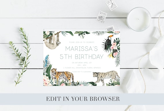 Rainforest Birthday Invitation, Editable Jungle Birthday,  Jungle Theme Party, Safari Invitation, watercolour Jungle 1st Birthday