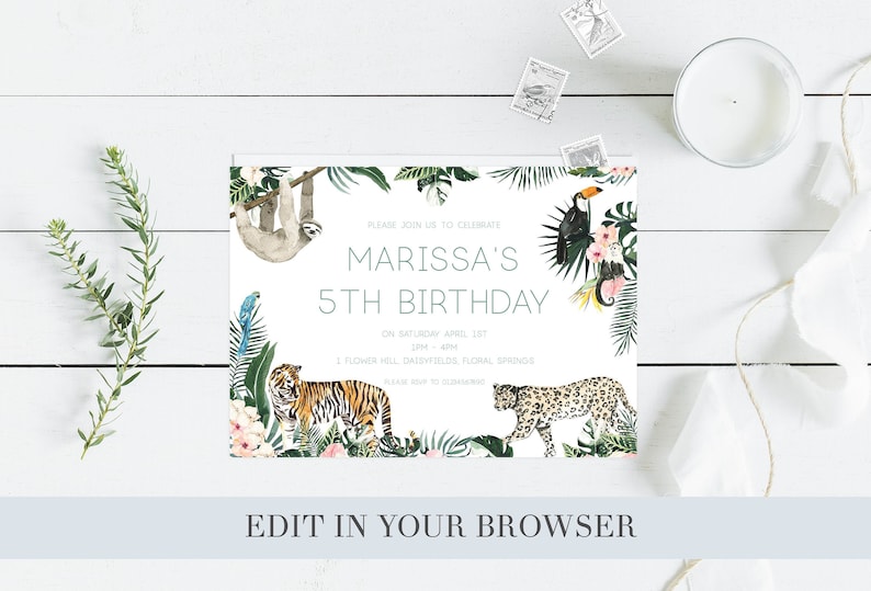 May include: A white invitation with green foliage and jungle animals. The text reads "Please join us to celebrate Marissa's 5th Birthday on Saturday, April 1st, 1pm - 4pm, 1 Flower Hill, Dadfields Floral Springs".