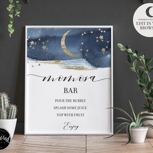 May include: A printable sign for a mimosa bar with a watercolor background of a blue night sky with gold stars and a crescent moon. The text reads "Mimosa Bar" and includes instructions for making mimosas: "Pour the bubbly, splash some juice, top with fruit, Enjoy."
