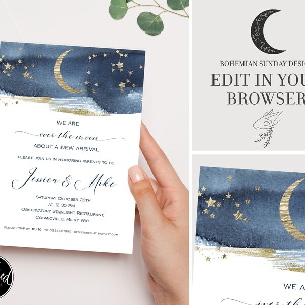 Maan baby shower uitnodiging | Hemelse babyshower | Fonkel kleine ster baby | Marine babyshower | Over the Moon-feest | Maan 1e verjaardag