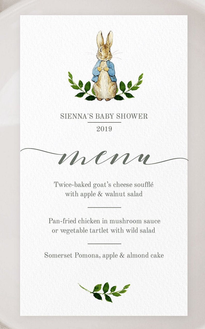 Peter Rabbit Menu | Peter Rabbit Baby Shower | Rabbit Baby Baptism ...