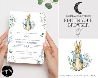 Invitation à la fête de naissance de Peter Rabbit | Invitation au baptême de Pierre Lapin | Non sexiste Peter Rabbit Baby Shower | Pierre Lapin modifiable
