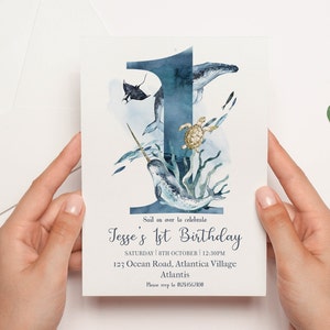 Invito per il primo compleanno sull'oceano / Primo compleanno sotto il mare / Primo compleanno ecologico / Invito per il primo compleanno della fauna selvatica