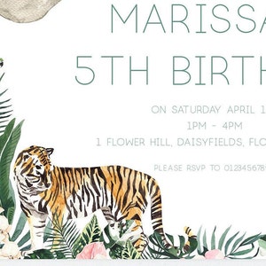 May include: A jungle-themed birthday invitation for Marissa's 5th birthday party. The invitation features a tiger, a parrot, and tropical plants. The text reads "Marissa's 5th Birthday" and includes the date, time, and location of the party. It also includes the RSVP information: "Please RSVP to 01234567890".
