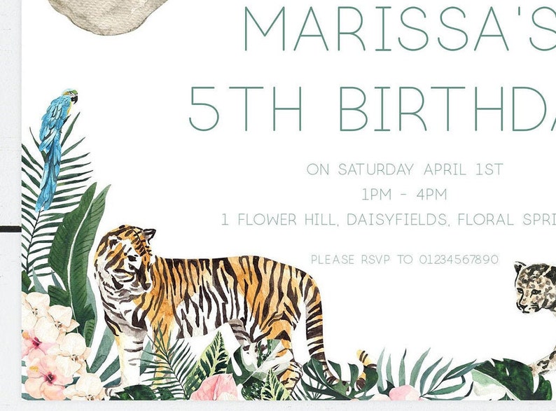 May include: A jungle-themed birthday invitation for Marissa's 5th birthday party. The invitation features a tiger, a parrot, and tropical plants. The text reads "Marissa's 5th Birthday" and includes the date, time, and location of the party. It also includes the RSVP information: "Please RSVP to 01234567890".