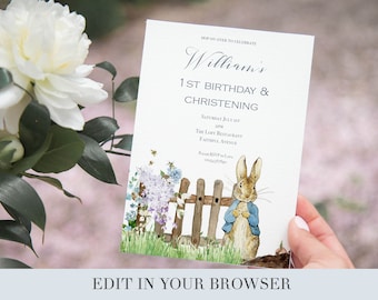 Invitation d’anniversaire de Peter Rabbit | Invitation au baptême de Pierre Lapin | Peter Rabbit Baby Shower | Pierre Lapin modifiable