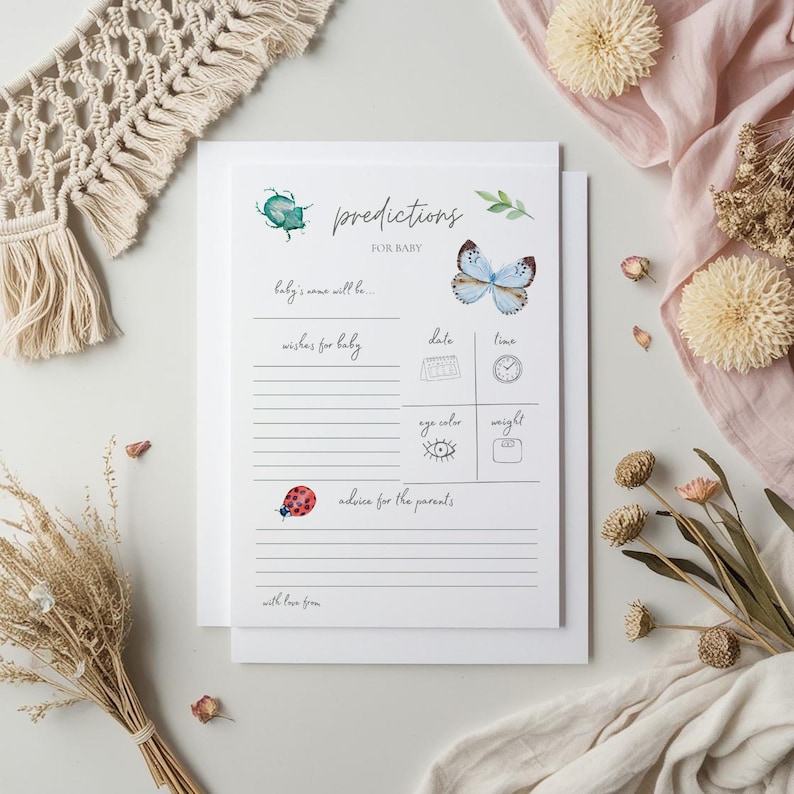May include: A white printable baby shower game card with a green beetle, a blue butterfly, and a red ladybug. The card has the text "predictions for baby" and includes spaces for guests to write their predictions for the baby's name, wishes for the baby, date, time, eye color, weight, and advice for the parents.