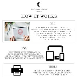 May include: A graphic illustration showing how to use a digital template. The steps are: 1. Purchase the template on Etsy. 2. Customise the template in your browser. 3. Print the design on your home printer, through an online print service, or at a print shop.