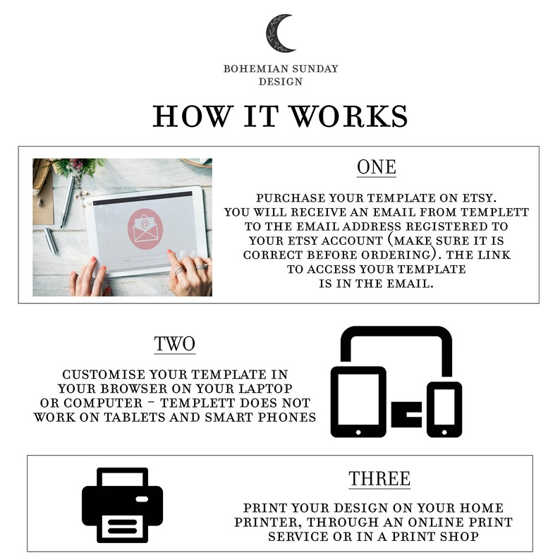 May include: A graphic illustration showing how to use a digital template. The steps are: 1. Purchase the template on Etsy. 2. Customise the template in your browser. 3. Print the design on your home printer, through an online print service, or at a print shop.