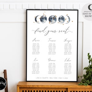 May include: A printable wedding seating chart with a celestial theme. The chart features a watercolor illustration of moons and stars with gold accents. The text "find your seat" is written in cursive. The chart is divided into sections for each zodiac sign, with space to write guest names.