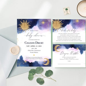 Celestial Baby Shower | Moon Baby Shower Set | Celestial Diaper Raffle | Celestial Book Request