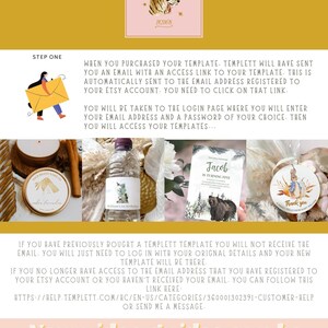 May include: A guide with instructions and examples for using a template. The guide includes a logo with a tiger illustration, a step-by-step guide, and examples of invitations and labels. The text includes a link to video guides.