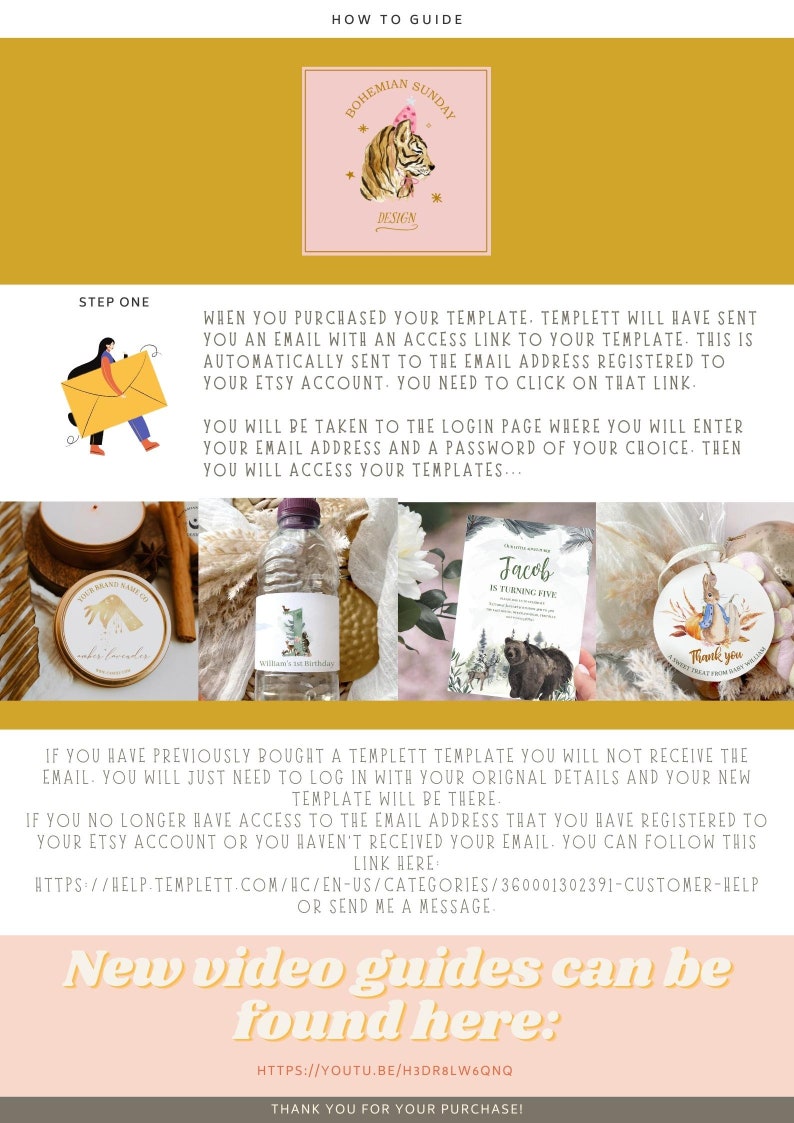 May include: A guide with instructions and examples for using a template. The guide includes a logo with a tiger illustration, a step-by-step guide, and examples of invitations and labels. The text includes a link to video guides.