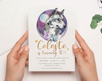 Wolf Boho Invitation | Wolf stars Invitation | Wolf Crystal Invitation | Bohemian Birthday sleepover | Purple Wolf Invitation