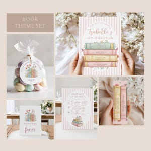May include: A book-themed party set with invitations, favour tags, and a candy bag. The invitations feature a stack of books illustration. The set includes the text "Isabelle's 1st Chapter", "Olivia's 1st Birthday", and "Please Take Favor".