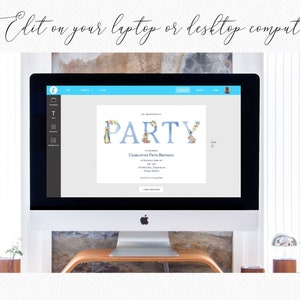 May include: A computer screen displaying a customizable invitation template with a blue and white "PARTY" text overlayed with floral illustrations. The invitation text reads "Charlotte's Fifth Birthday".
