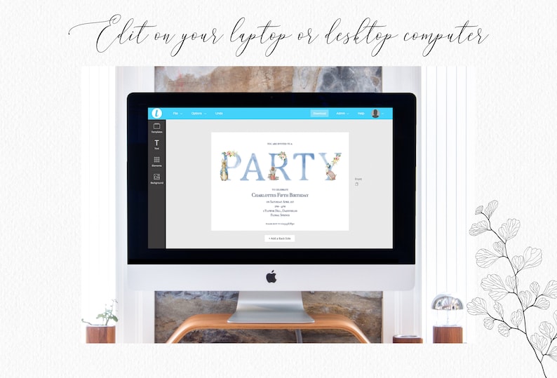 May include: A computer screen displaying a customizable invitation template with a blue and white "PARTY" text overlayed with floral illustrations. The invitation text reads "Charlotte's Fifth Birthday".