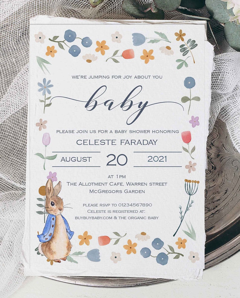 Peter Rabbit Baby Shower Invitation Floral Peter Rabbit Etsy UK