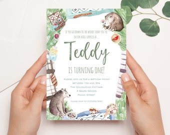 Picnic Birthday Invitation | Teddy Bears Picnic | Bear Birthday invitation | Woodland Birthday Invitation | Garden Party Birthday