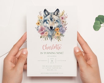 Floral Wolf Boho Invitation | Girls Wolf Invitation | Wolf Crystal Invitation | Bohemian Birthday sleepover | Purple Wolf Invitation