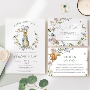 Set di inviti per baby shower minimal Peter Rabbit / Richiesta libro Peter Rabbit / Battesimo coniglio / Baby shower floreale Peter Rabbit