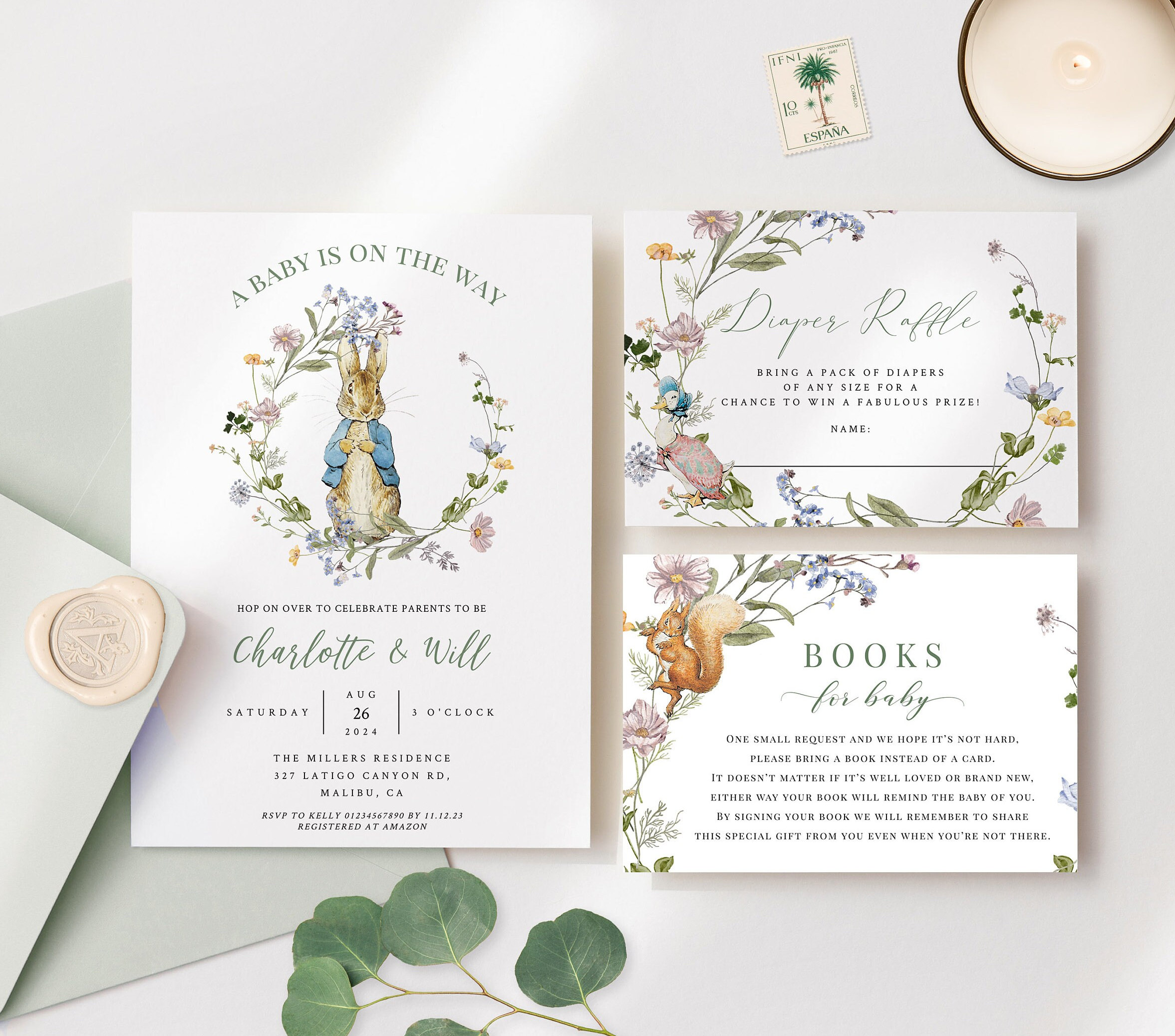 Minimal Peter Rabbit Baby Shower Invitation Set | Peter Rabbit Book Request | Rabbit Christening | Floral Peter Rabbit Baby Shower