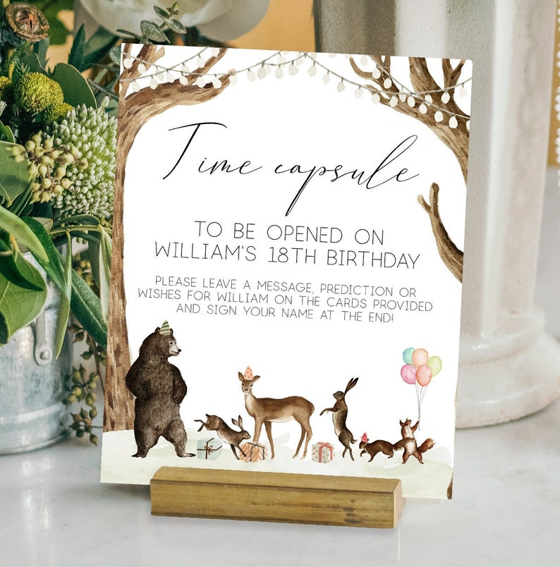 Woodland First Birthday Time Capsule | Teddy Bears 1st Birthday Sign ...