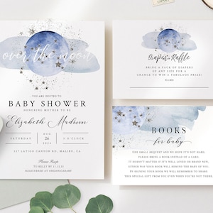 Silver & Blue Moon Baby Shower Invitation Set | Celestial Baby Shower | Over The Moon Baby Shower | Celestial Diaper Raffle |