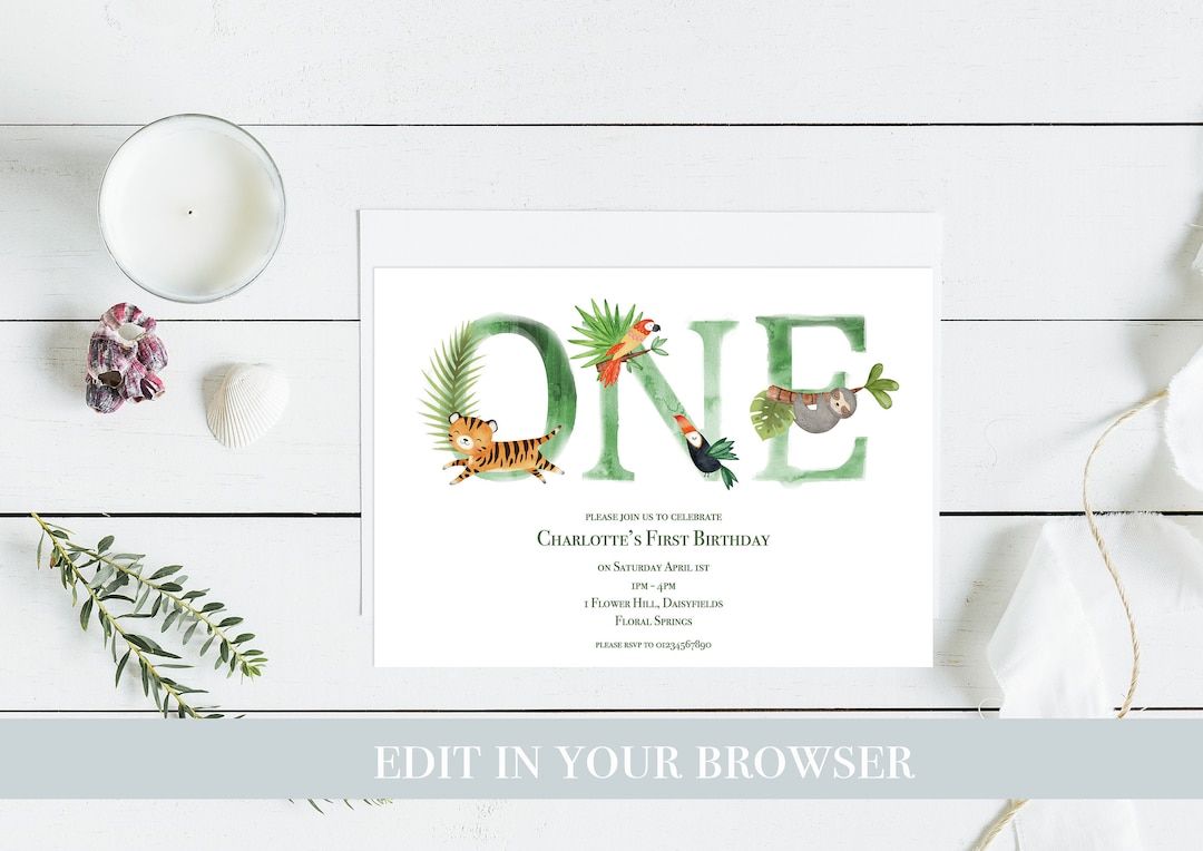 Jungle First Birthday Invitation Jungle Theme Party Safari Party