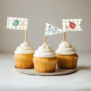 May include: Three cupcakes with white frosting are topped with decorative flags. The flags feature watercolor illustrations of a beetle, butterfly, and ladybug on a checkered background. The cupcakes sit on a round, light-colored plate.