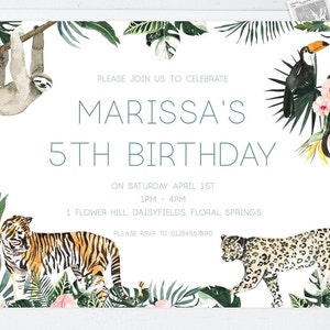 May include: A jungle-themed birthday invitation for Marissa's 5th birthday party. The invitation features a watercolor illustration of a sloth, a toucan, a monkey, a tiger, and a leopard, surrounded by tropical plants and flowers. The text on the invitation reads "Please join us to celebrate Marissa's 5th Birthday on Saturday April 1st, 1 PM - 4 PM, 1 Flower Hill, Daisyfields, Floral Springs. Please RSVP to 01234567890."