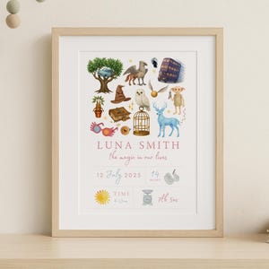 Könnte beinhalten: Ein gerahmter Druck mit Aquarellillustrationen von magischen Elementen, darunter ein Baum mit einem Auto, ein Greif, ein Doppeldeckerbus und ein Hut. Der Druck enthält den Namen "LUNA SMITH" und den Satz "the magic in our lives". Er enthält auch Datum, Uhrzeit und Gewicht.