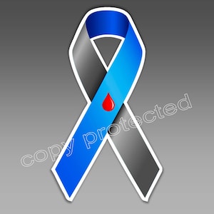 May include: A blue and grey ribbon with a red blood drop graphic. The ribbon is outlined in white and set against a grey background. The design is a symbol of awareness.