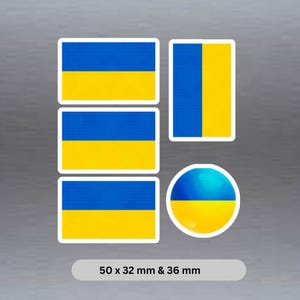 5 x small Ukraine flag stickers.  4 x 50 x 32 each and 1 x 36 mm Ukraine round waterproof vinyl