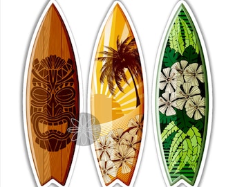 May include: Three surfboard designs with white borders. The first board has a wood grain pattern and a tiki mask design. The second board features a sunset scene with a palm tree and flowers. The third board has a green floral and leaf pattern.